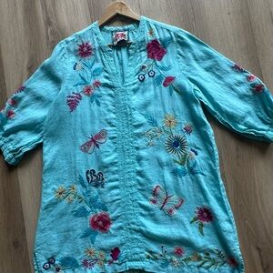 Johnny Was Turquoise Floral Embroidered Top
